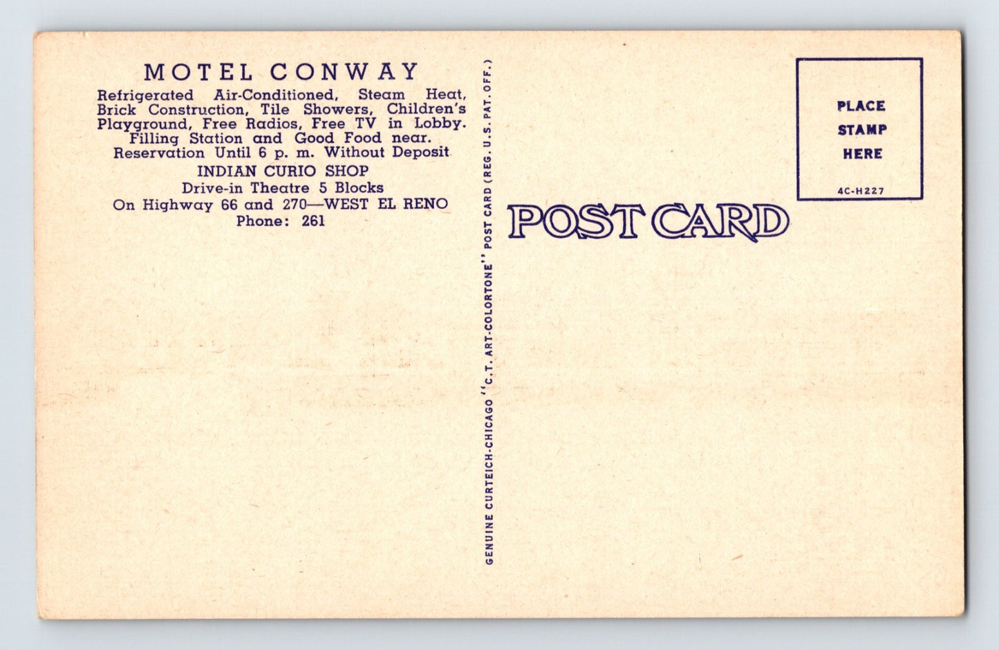 El Reno Oklahoma Motel Conway Route 66 1940s Postcard Unposted Linen
