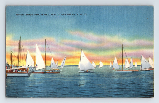 Selden Long Island New York Sailboats Harbor Scene 1940s Postcard Unposted Linen