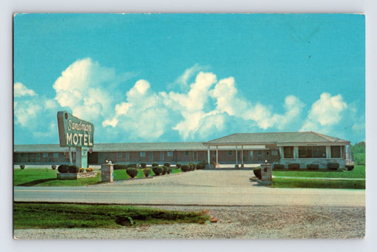 Lewisburg Ohio Sandman Motel roadside sign low building 1960s postcard chrome