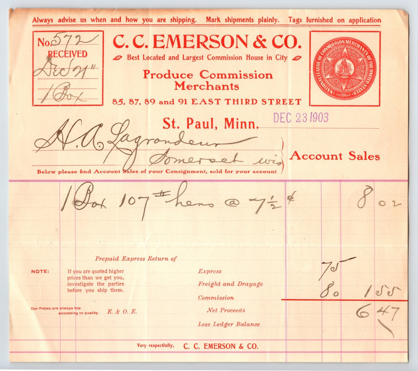 St Paul Minnesota 1903 C C Emerson Produce Billhead 8.5 x 8