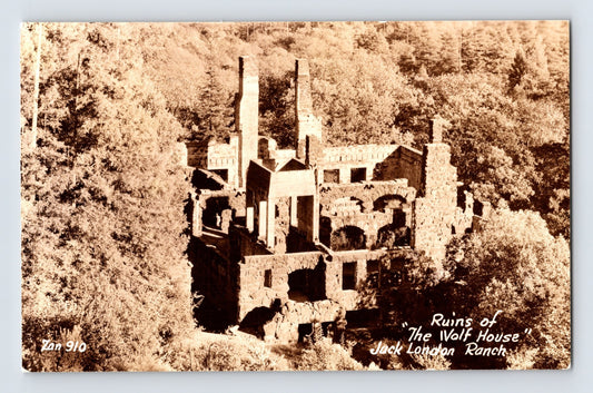 Glen Ellen California Jack London Ranch Wolf House ruins 1940s RPPC postcard with stone remains of the burned estate building.
