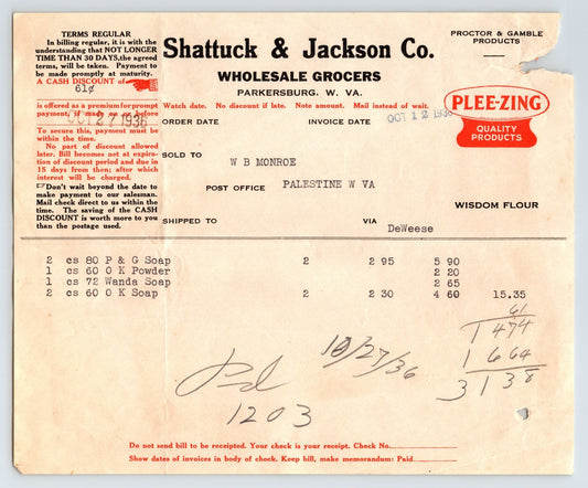 Parkersburg West Virginia 1935 Shattuck Jackson wholesale grocers billhead with Proctor Gamble Pleezing products branding