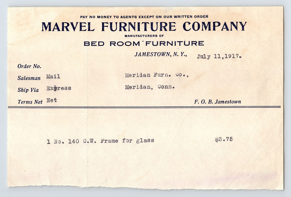 Marvel Furniture Company Jamestown New York 1917 billhead bedroom furniture invoice 7.5 x 5