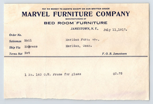 Marvel Furniture Company Jamestown New York 1917 billhead bedroom furniture invoice 7.5 x 5
