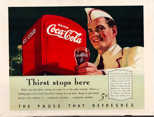 1940 Coca Cola soda fountain print ad showing uniformed soda jerk serving a glass bottle beside bright red cooler with Thirst stops here slogan