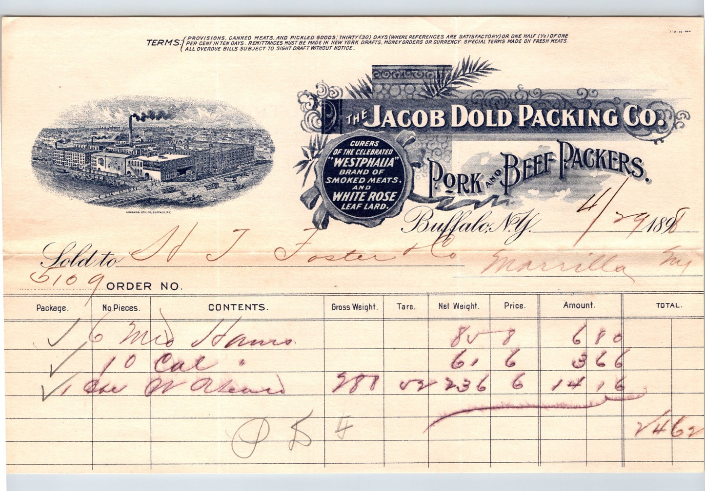 Buffalo New York Jacob Dold Packing Company pork and beef packers illustrated billhead invoice with factory vignette