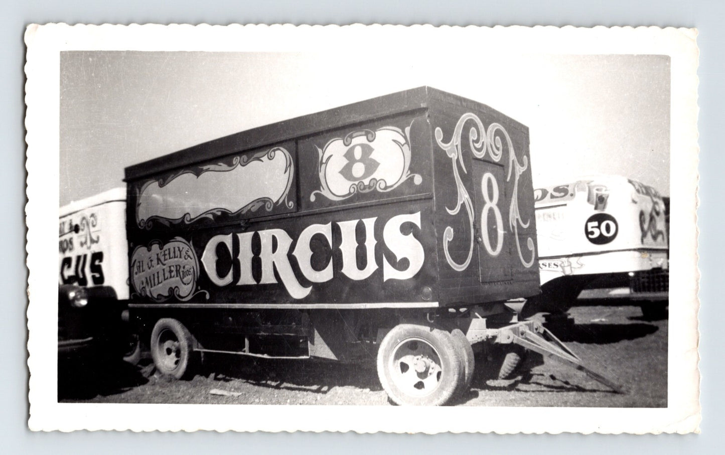 Kelly Miller Circus pit show wagon 1950 Hugo Oklahoma vintage photo with painted circus lettering and trailer setup