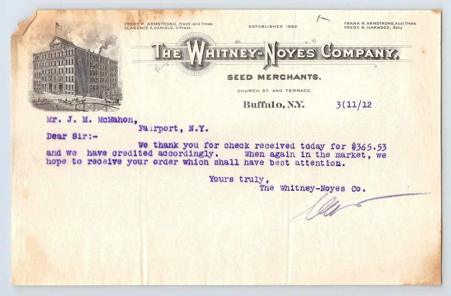Buffalo New York Whitney Noyes Company seed merchants 1912 letterhead business correspondence document