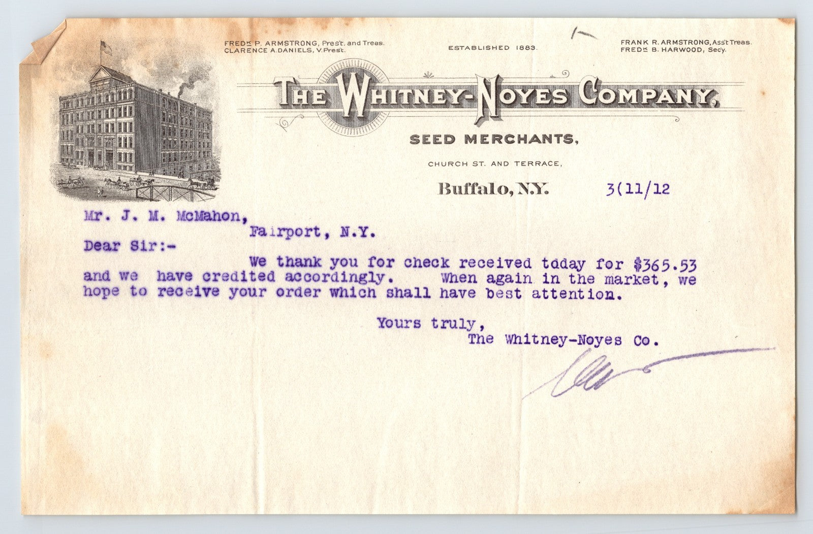 Buffalo New York Whitney Noyes Company seed merchants 1912 letterhead business correspondence document
