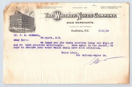 Buffalo New York Whitney Noyes Company seed merchants 1912 letterhead business correspondence document