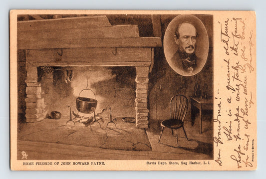 East Hampton Long Island New York John Howard Payne fireplace interior colonial hearth 1910s postcard