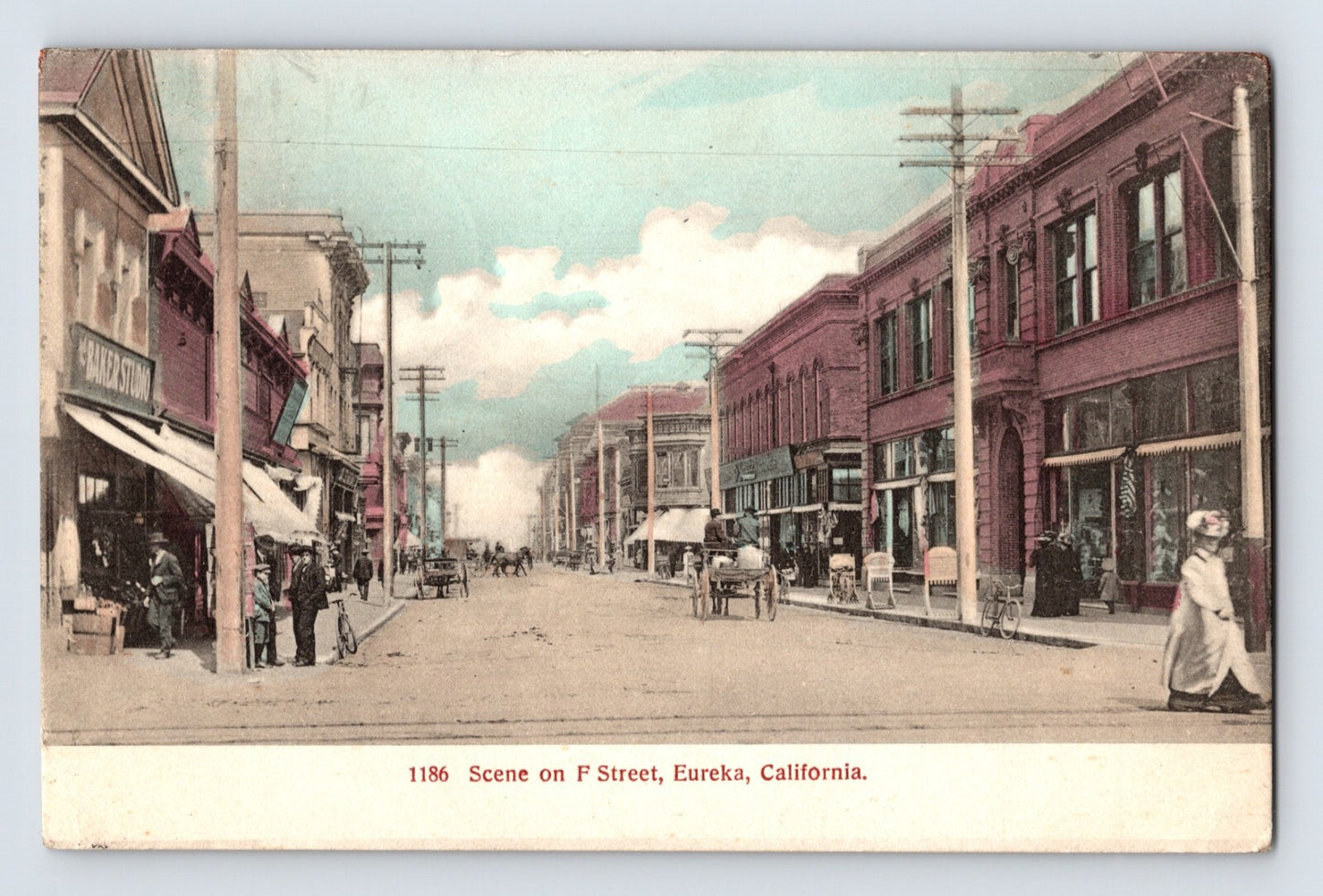 Scene on F Street downtown Eureka California 1908 color postcard