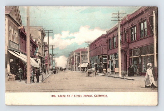 Scene on F Street downtown Eureka California 1908 color postcard