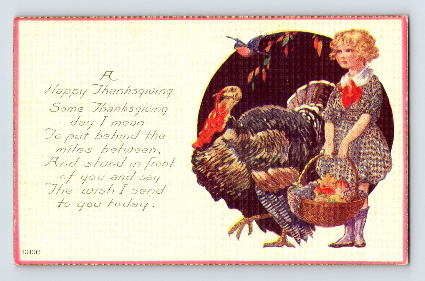 Thanksgiving postcard girl holding basket with turkey illustration Owens 1920s holiday greeting