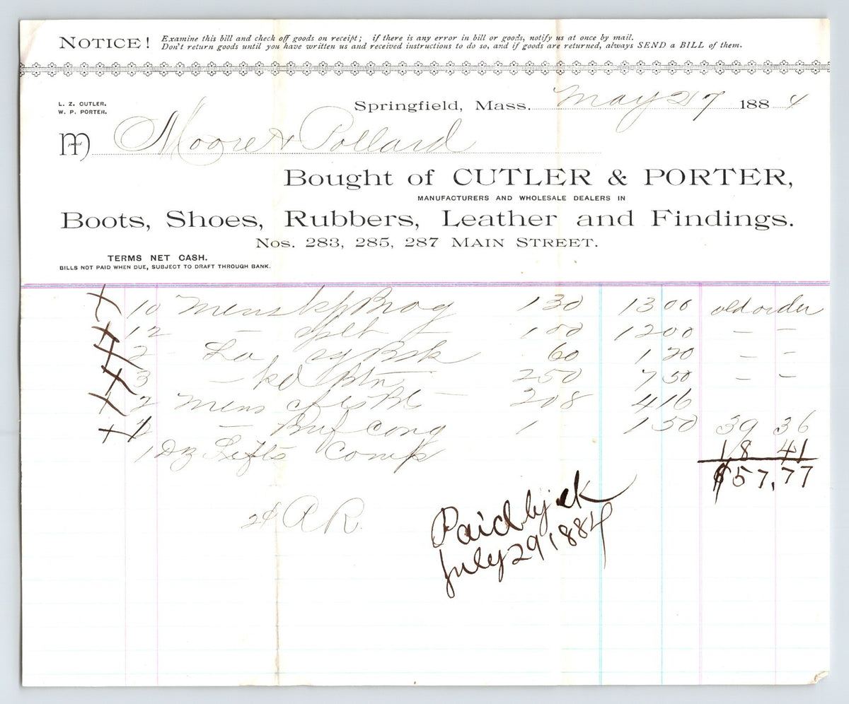 Springfield Massachusetts Cutler Porter boots shoes 1884 billhead invoice handwritten ledger document
