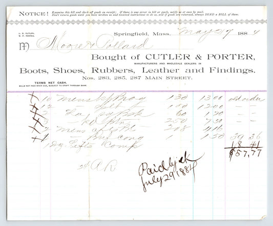 Springfield Massachusetts Cutler Porter boots shoes 1884 billhead invoice handwritten ledger document