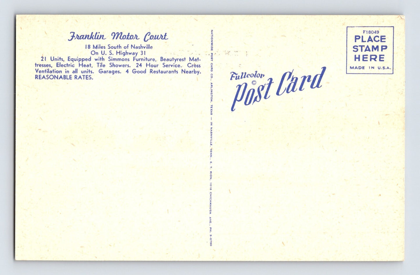 Franklin Tennessee Franklin Motor Court Motel 1940s Postcard Unposted Linen