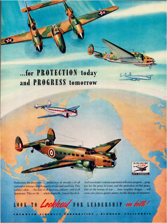 Lockheed aircraft 1942 WWII RAF planes global map aviation print ad
