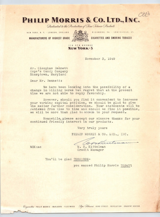 Philip Morris New York City 1949 letterhead cigarette tobacco company typed business correspondence with crest and signature