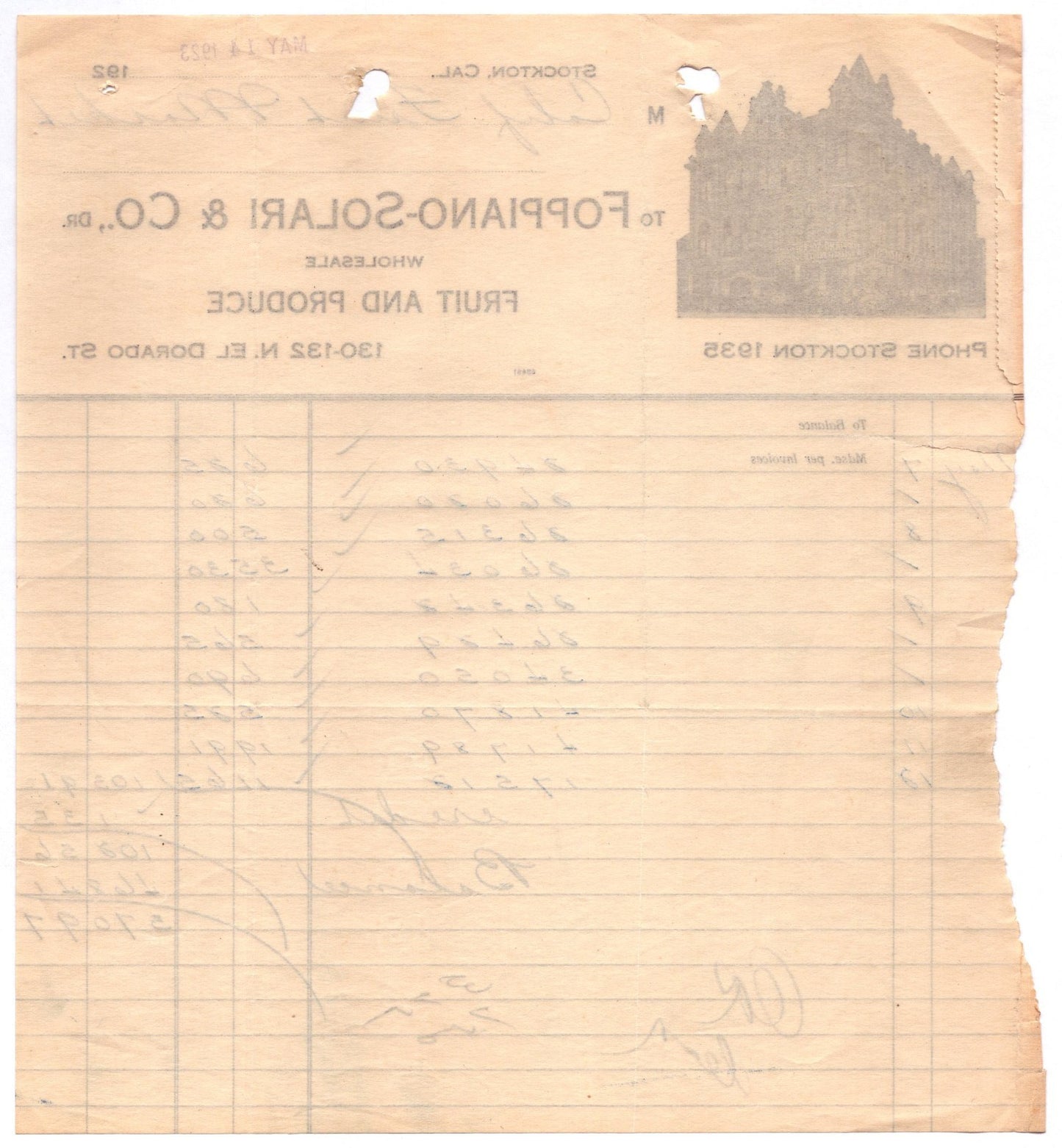 Stockton California 1923 Foppiano Solari Fruit Produce Billhead 9 x 8