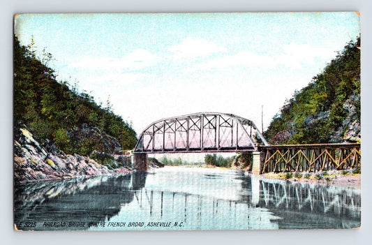 Asheville North Carolina French Broad River railroad bridge landscape postcard
