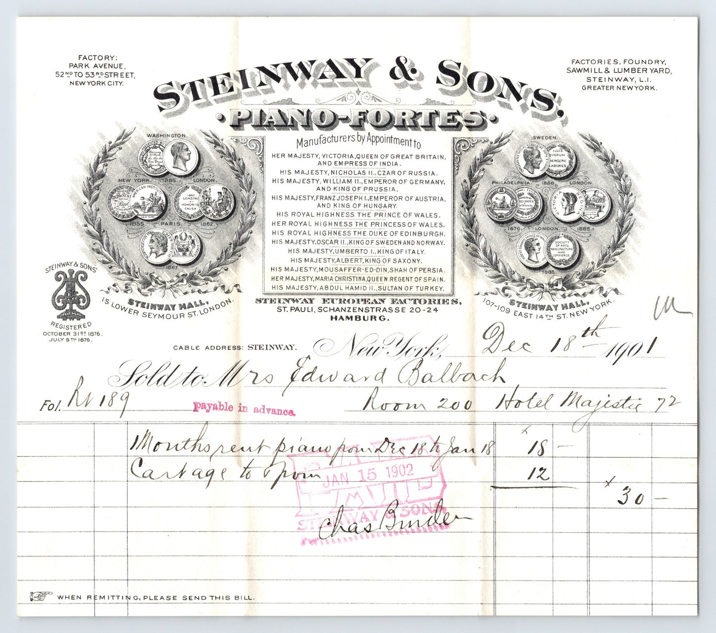 Steinway and Sons New York City 1901 Piano Rental Billhead Hotel Majestic 8 x 7