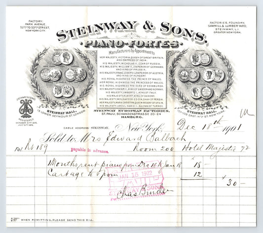 Steinway and Sons New York City 1901 Piano Rental Billhead Hotel Majestic 8 x 7
