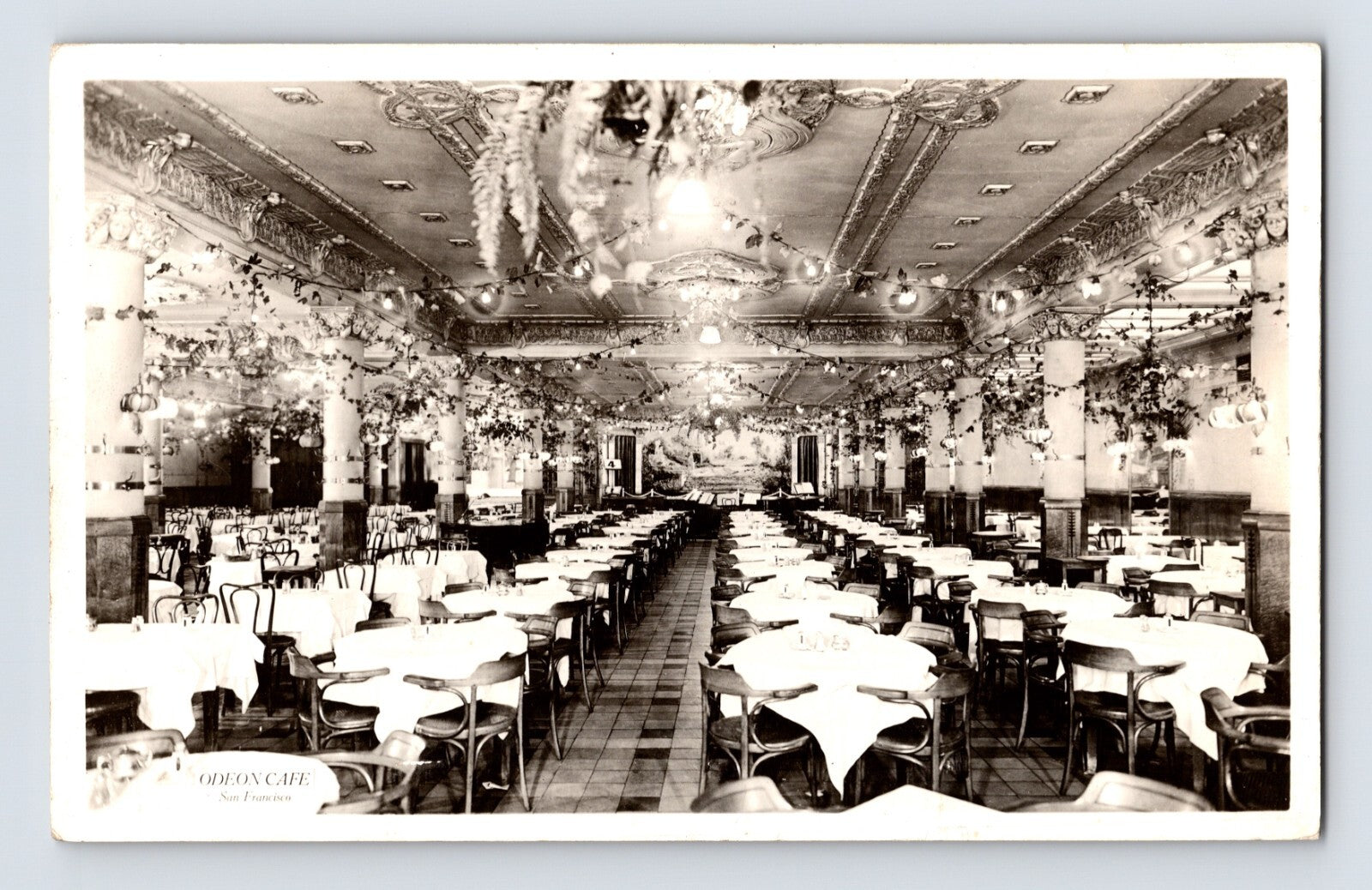 San Francisco California Odeon Cafe restaurant interior with ornate ceiling and rows of tables 1929 real photo postcard