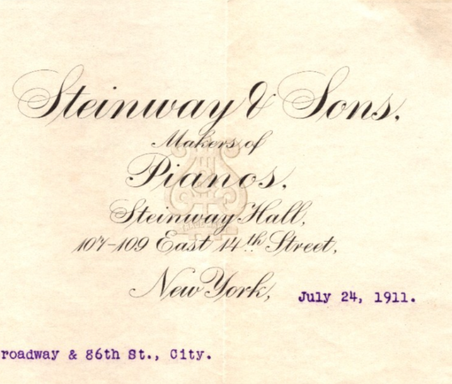 Steinway & Sons New York City 1911 Piano Care Bretton Hall Letterhead 8.5 x 11