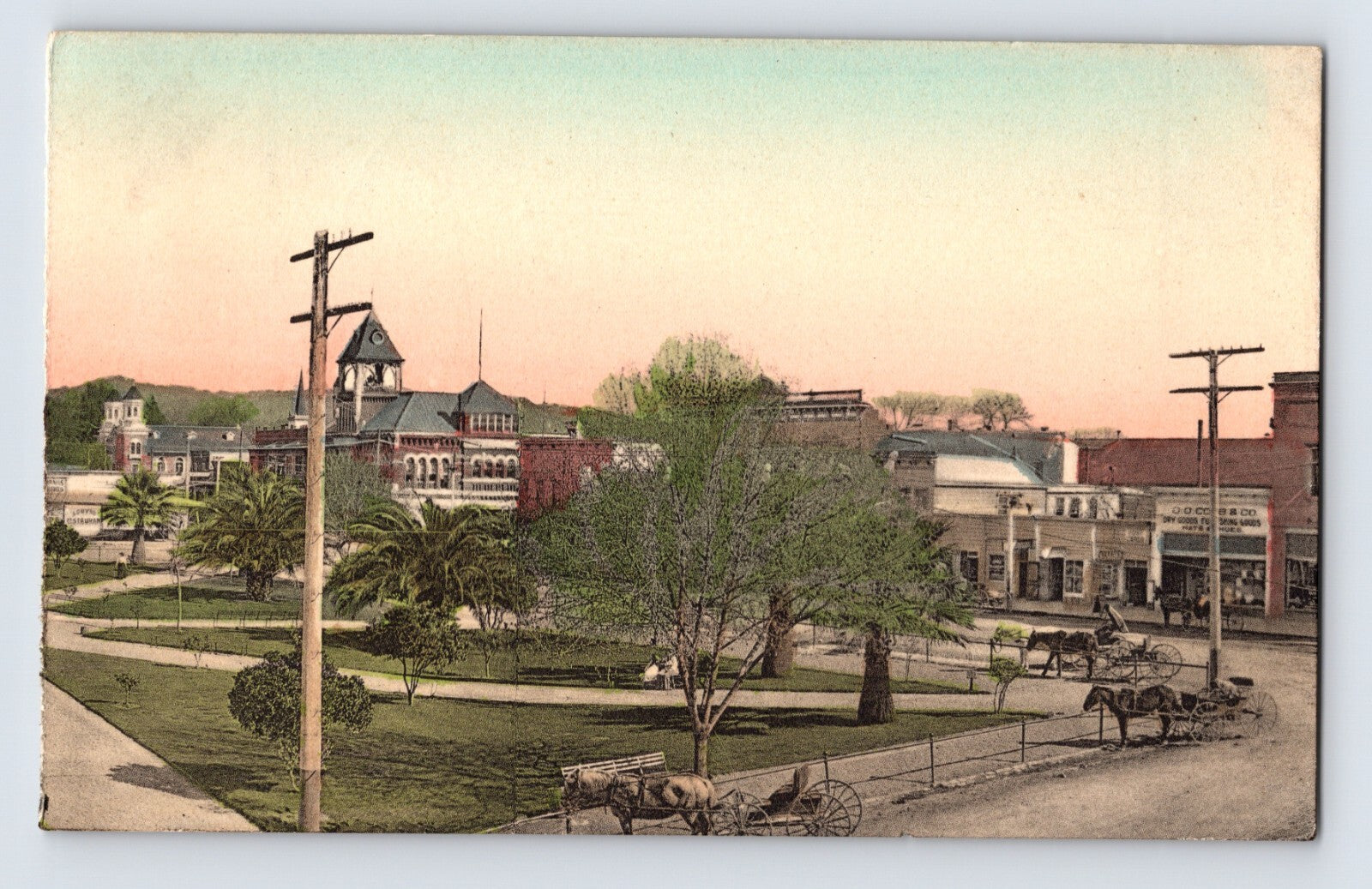 Healdsburg California plaza square courthouse park horse carriage street scene postcard