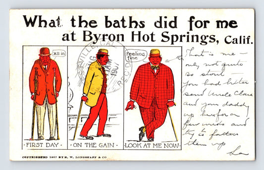 Byron Hot Springs California comic postcard showing three-panel cartoon transformation sequence of man improving after mineral baths with humorous captions and handwritten message.