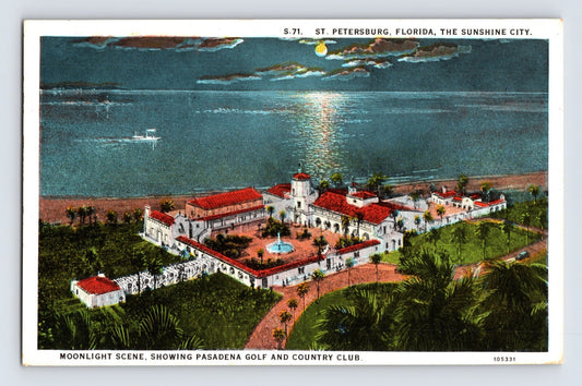 St Petersburg Florida Pasadena Golf and Country Club moonlight scene linen postcard 1930s 