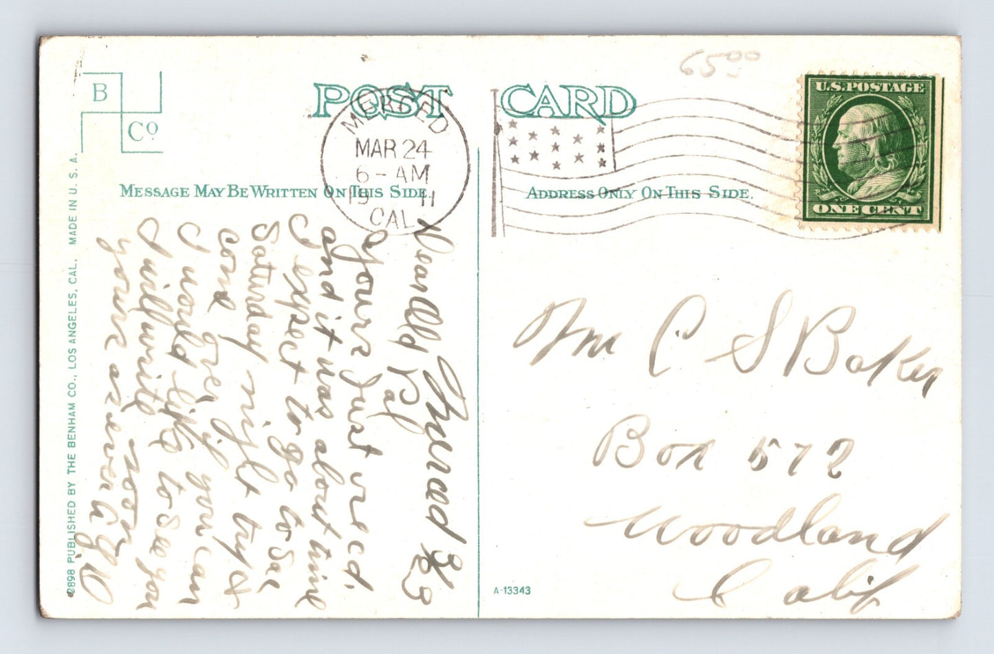 Merced California Main Street Downtown 1911 Postcard Posted Divided Back