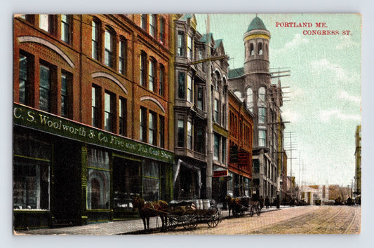 Congress Street Portland Maine Woolworth storefront horse wagon downtown postcard