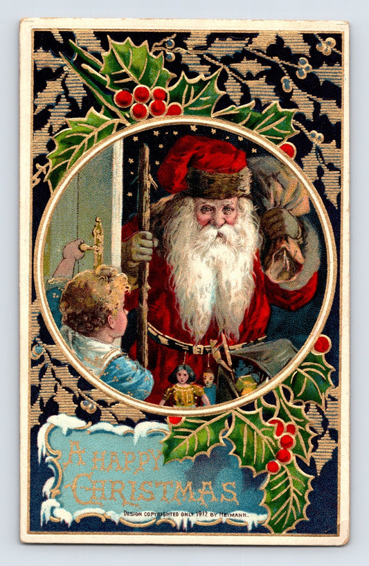 Santa Claus doorway holly berries child toys 1912 Christmas postcard Germany