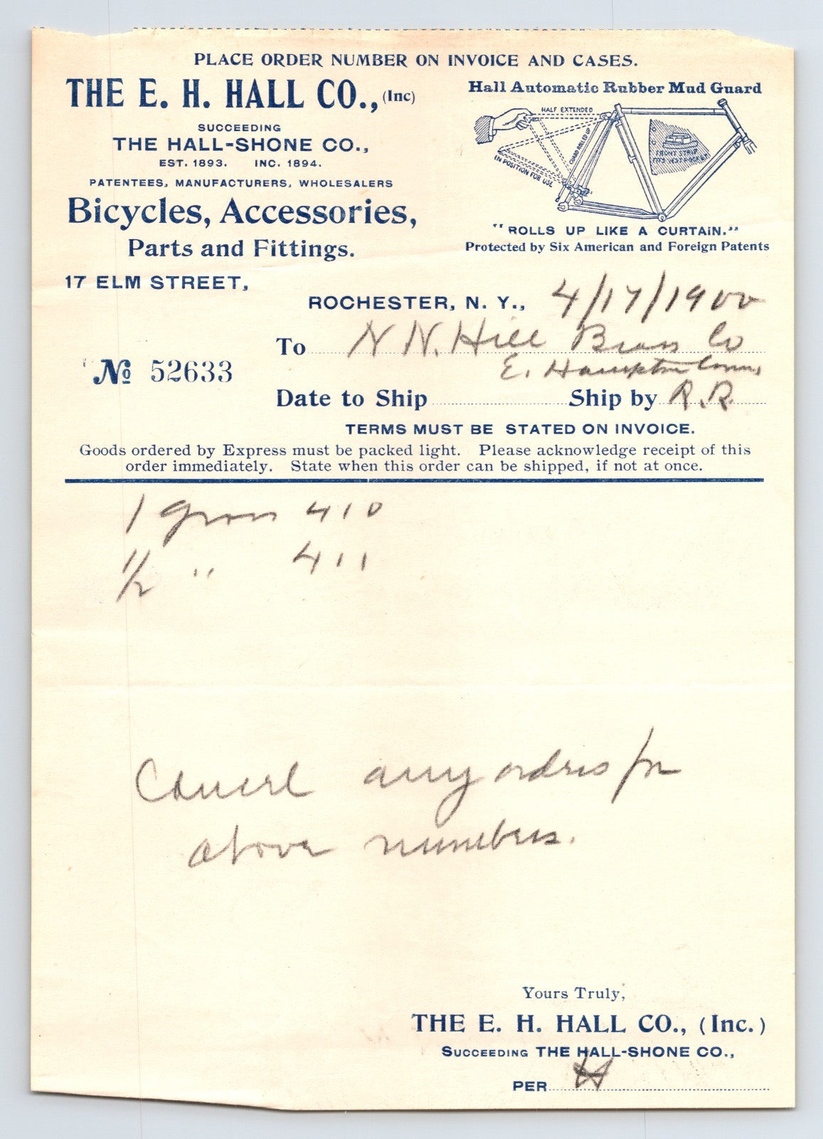 E H Hall Company Rochester New York bicycle accessories order blank 1900 invoice form