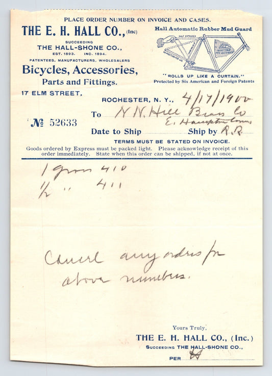 E H Hall Company Rochester New York bicycle accessories order blank 1900 invoice form