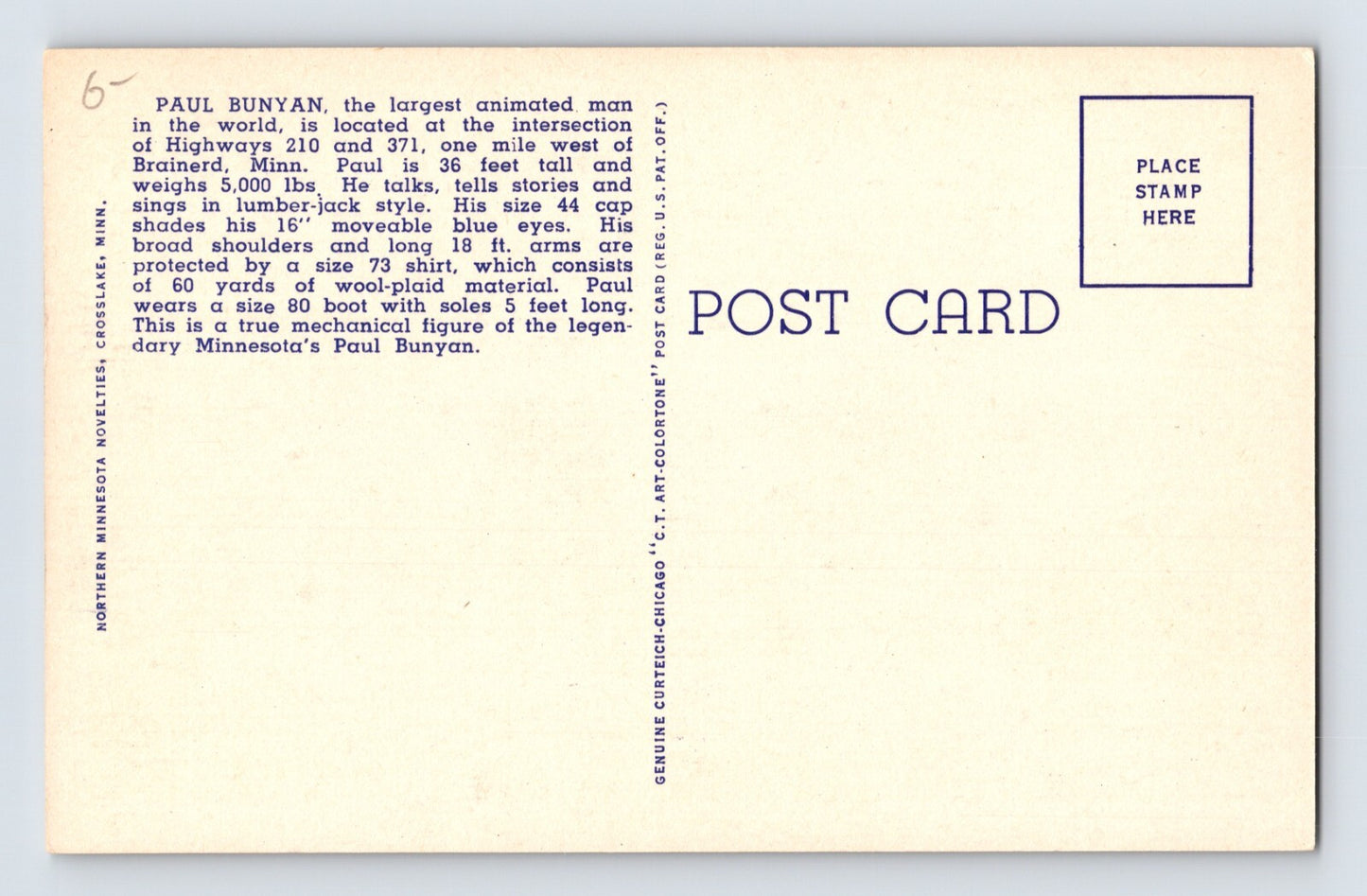 Brainerd Minnesota Paul Bunyan Animated 1940s Postcard Unposted Linen