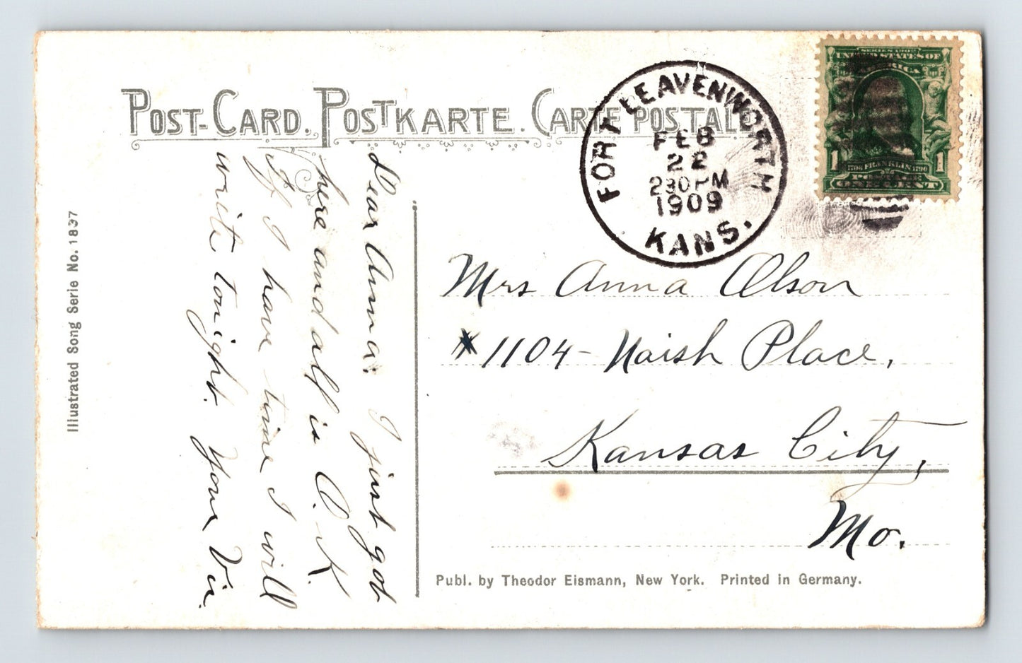 Cowgirl Old West Bronco Buster 1909 Postcard Posted Fort Leavenworth KS Divided