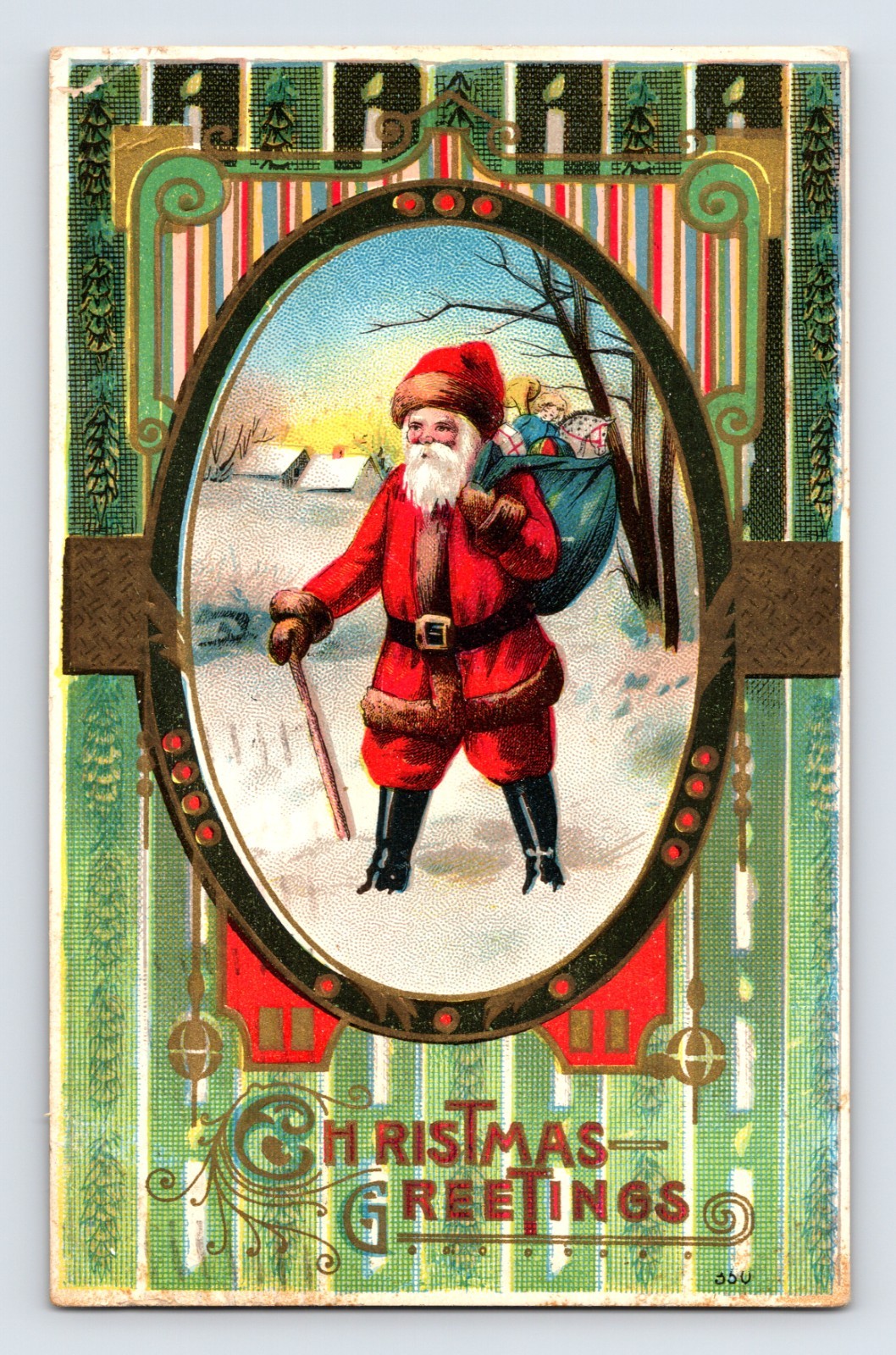Art Nouveau style Christmas postcard featuring Santa Claus walking through snow with toy sack framed by decorative geometric border.