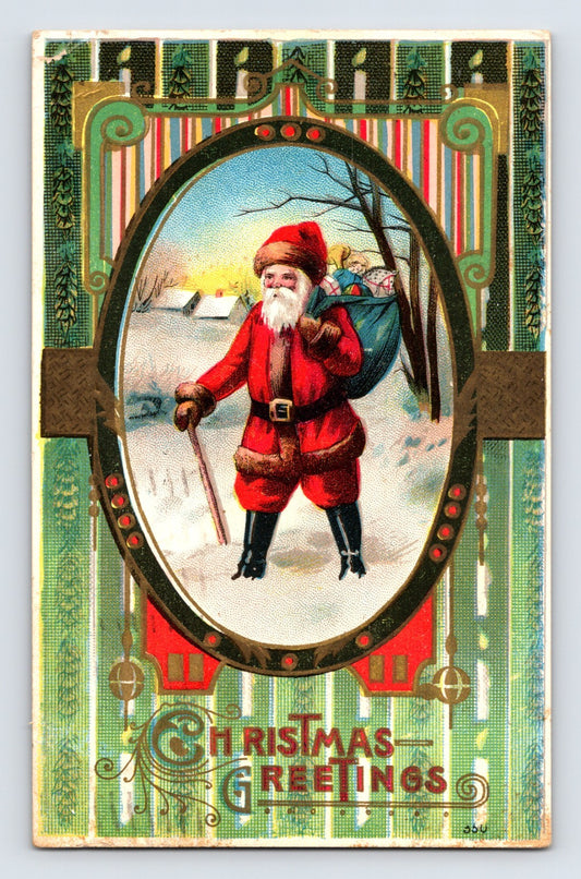 Art Nouveau style Christmas postcard featuring Santa Claus walking through snow with toy sack framed by decorative geometric border.