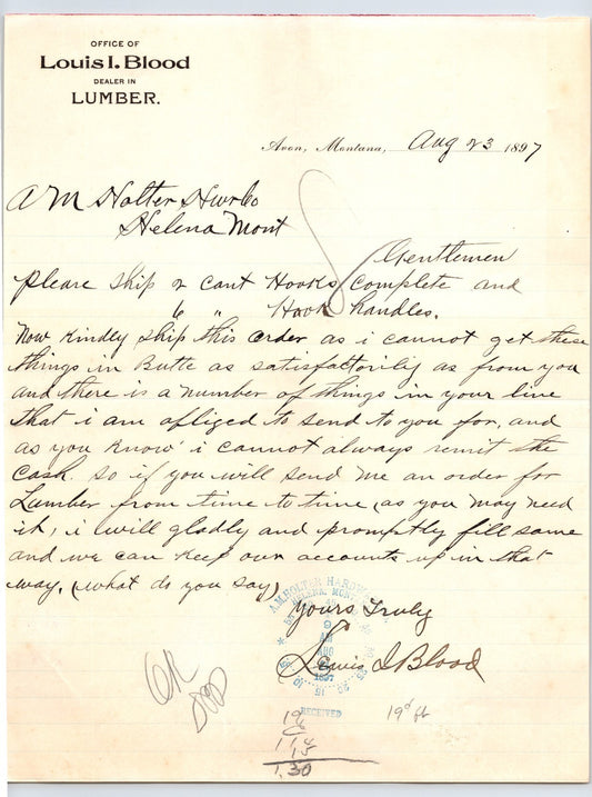Avon Montana 1897 Louis I Blood Lumber Letterhead 8.5 x 11