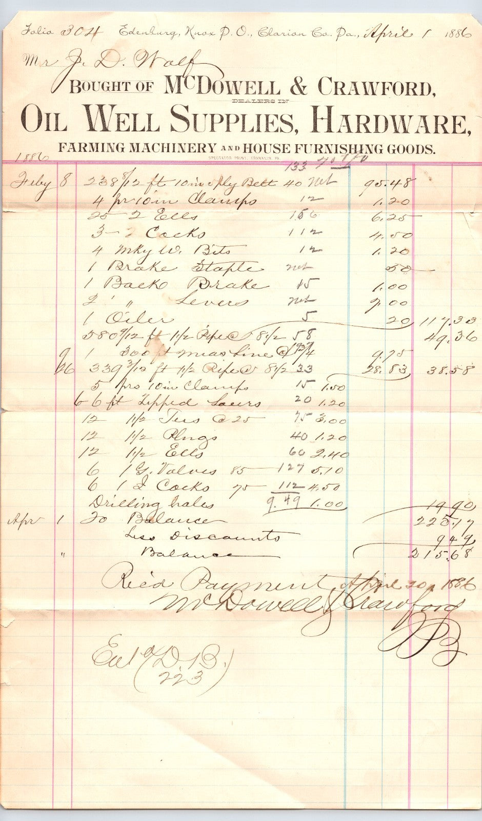 Titusville Pennsylvania 1886 McDowell Crawford Oil Well Supply Billhead 8.5 x 14