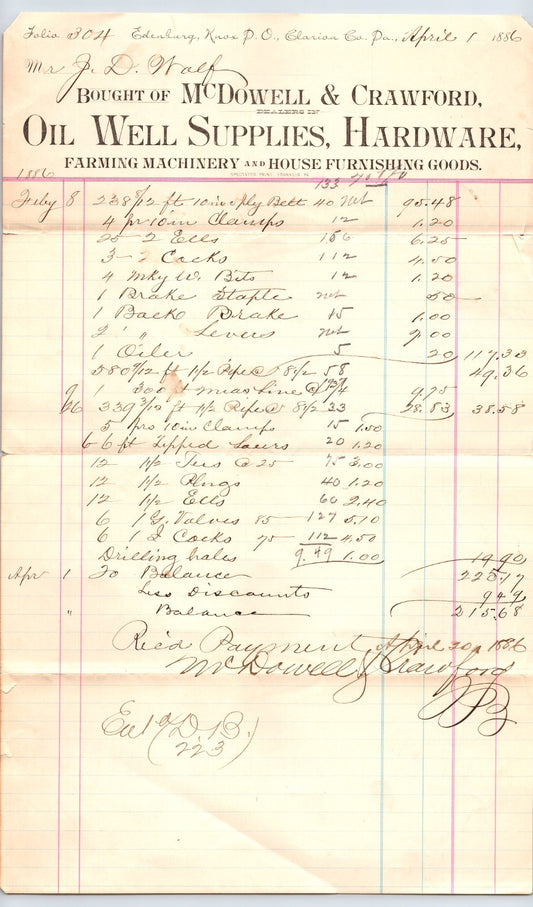 Titusville Pennsylvania 1886 McDowell Crawford Oil Well Supply Billhead 8.5 x 14