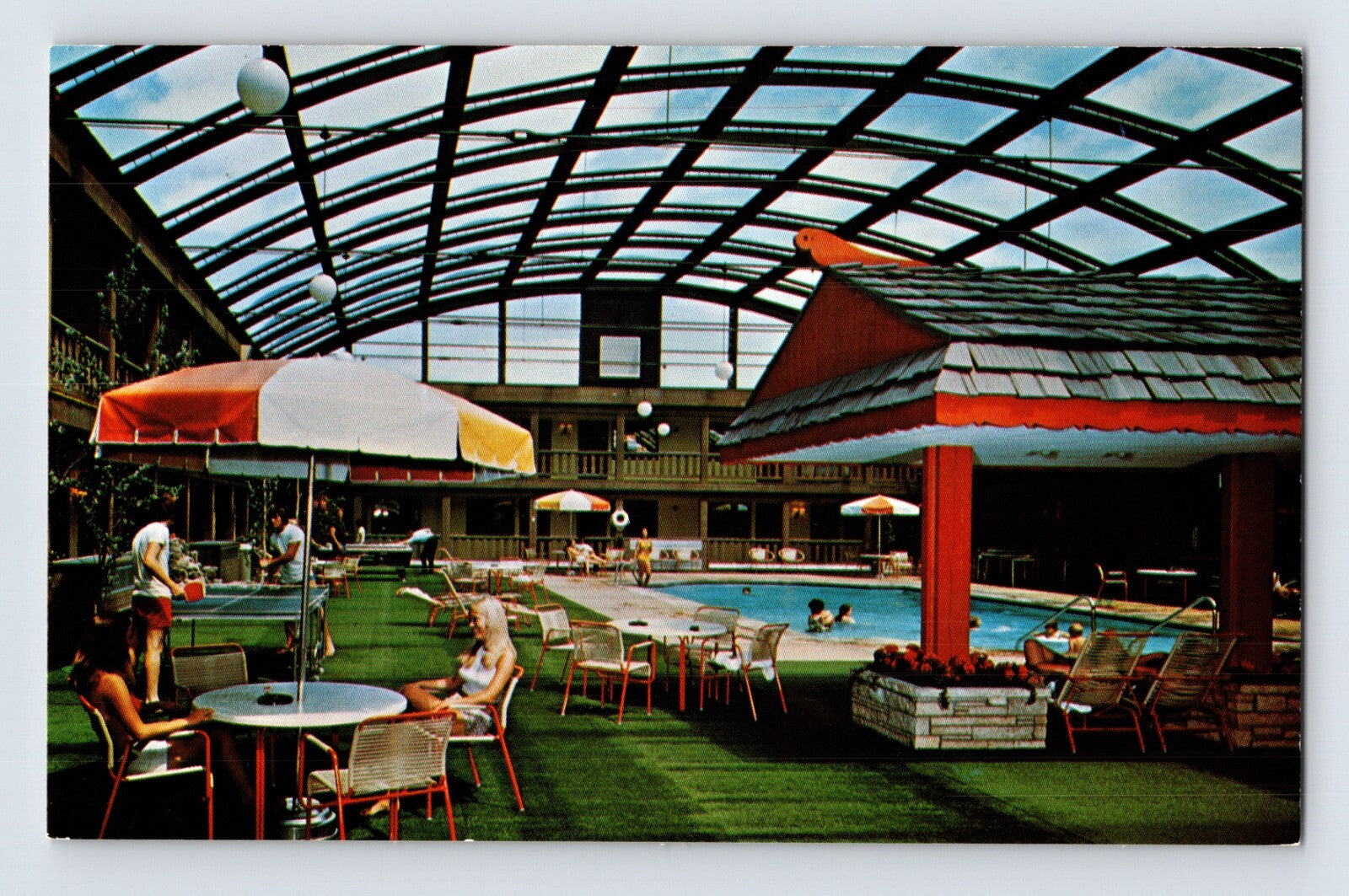 La Crosse Wisconsin Midway Motor Lodge indoor pool glass atrium patio seating 1980s chrome postcard