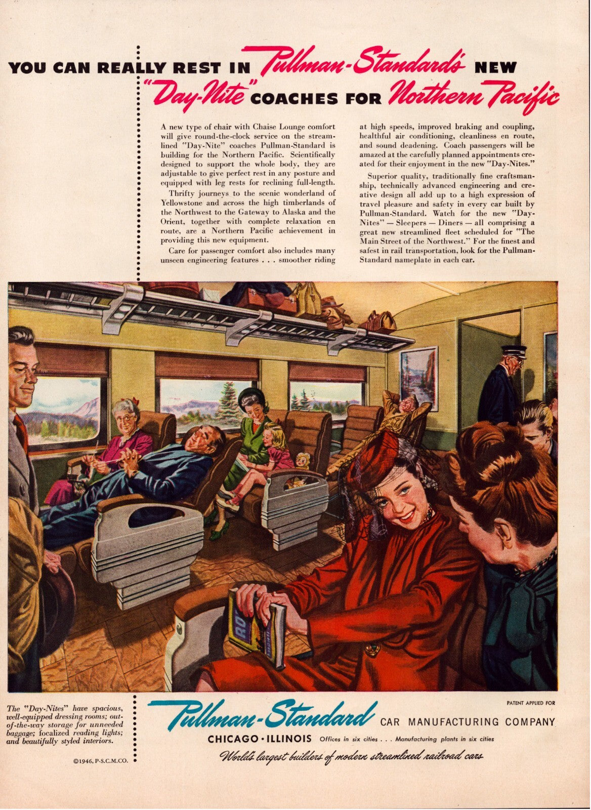 Pullman Standard 1946 Day Nite coach train interior passengers reclining seats vintage print ad