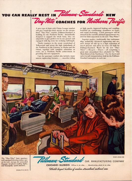 Pullman Standard 1946 Day Nite coach train interior passengers reclining seats vintage print ad