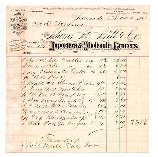 Sacramento California 1886 Adams McNeill Importers Grocers Billhead 8.5 x 8.5