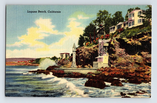 Laguna Beach California cliffside homes stairway and rocky shoreline waves 1940s linen postcard