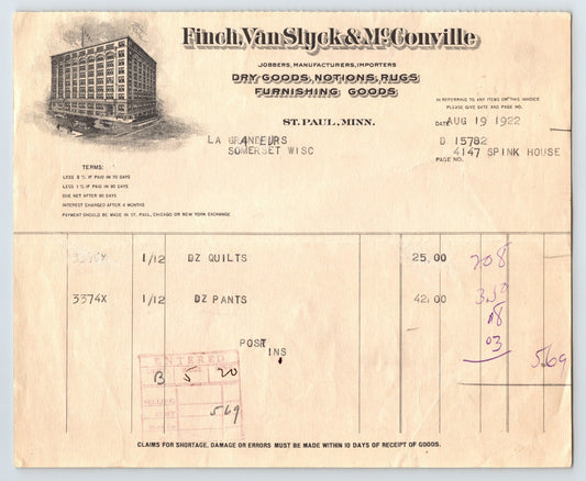 St Paul Minnesota 1922 Finch Van Slyck McConville Dry Goods Billhead 8 x 7